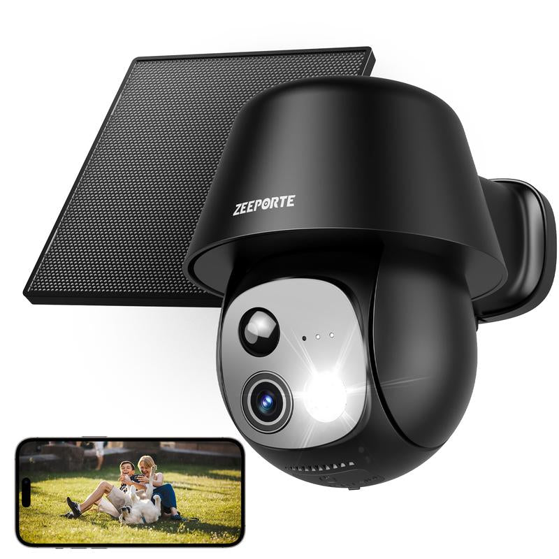 ZEEPORTE 2K WIFI Security Cameras Wireless Outdoor-360° PTZ Cameras for Home Security with Solar Panel/Battery Powered, Night Vision, Two-Way Audio, PIR Sensor