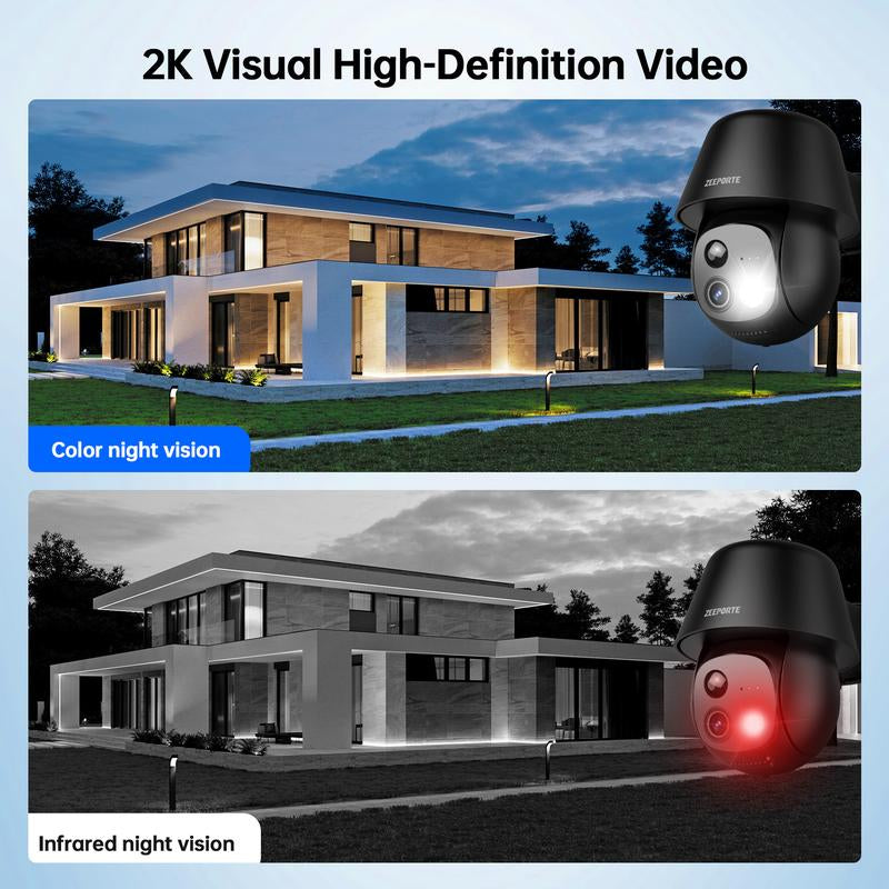 ZEEPORTE 2K WIFI Security Cameras Wireless Outdoor-360° PTZ Cameras for Home Security with Solar Panel/Battery Powered, Night Vision, Two-Way Audio, PIR Sensor