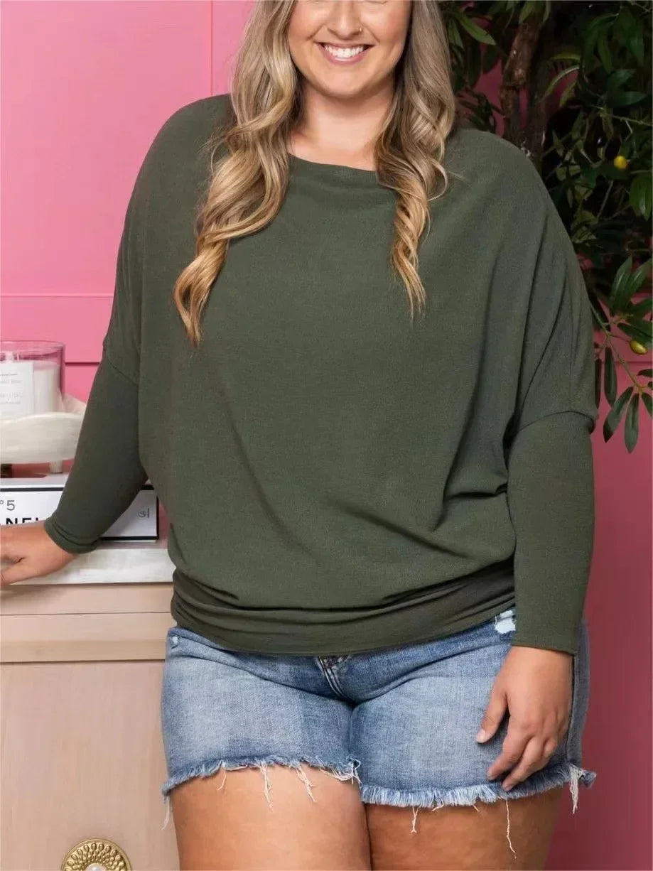 Dreamy Knit Boatneck Dolman Top Crew-Neck Batwing Sleeves T-Shirt High Elasticity Patchwork Long-Sleeved Casual Daily Wear Tops