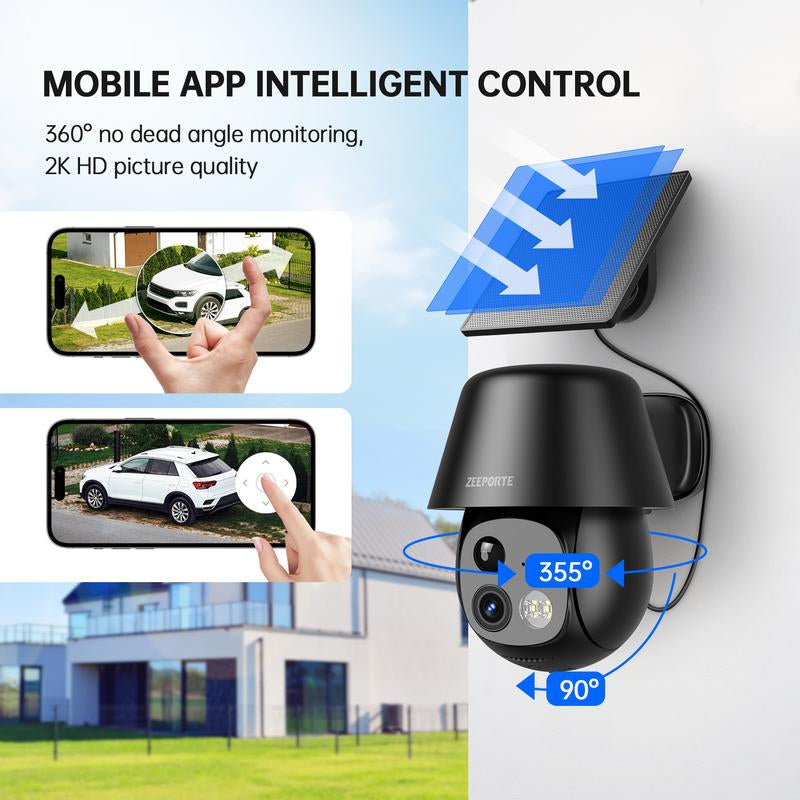ZEEPORTE 2K WIFI Security Cameras Wireless Outdoor-360° PTZ Cameras for Home Security with Solar Panel/Battery Powered, Night Vision, Two-Way Audio, PIR Sensor