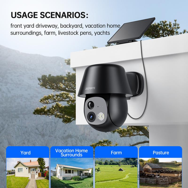 ZEEPORTE 2K WIFI Security Cameras Wireless Outdoor-360° PTZ Cameras for Home Security with Solar Panel/Battery Powered, Night Vision, Two-Way Audio, PIR Sensor