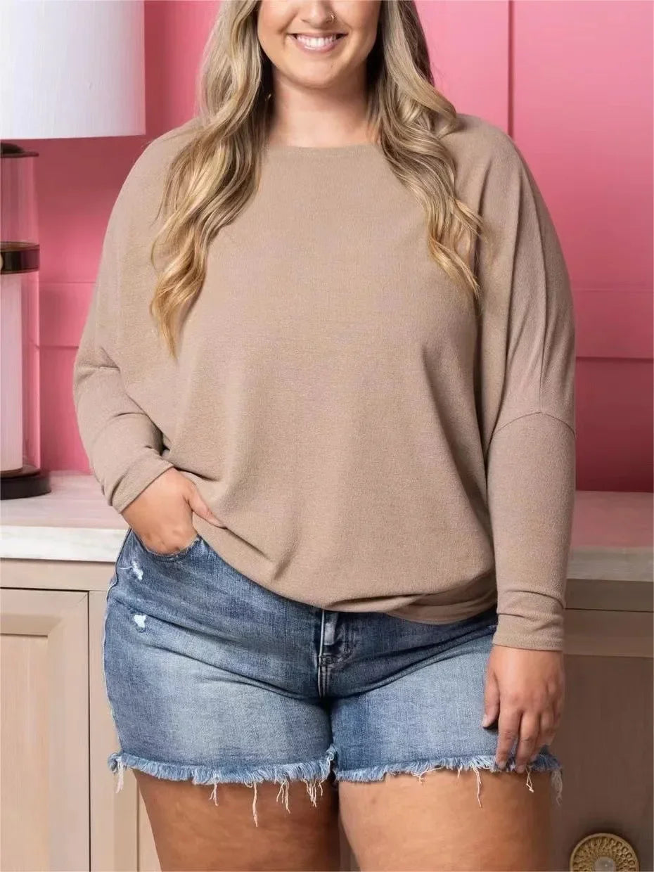Dreamy Knit Boatneck Dolman Top Crew-Neck Batwing Sleeves T-Shirt High Elasticity Patchwork Long-Sleeved Casual Daily Wear Tops