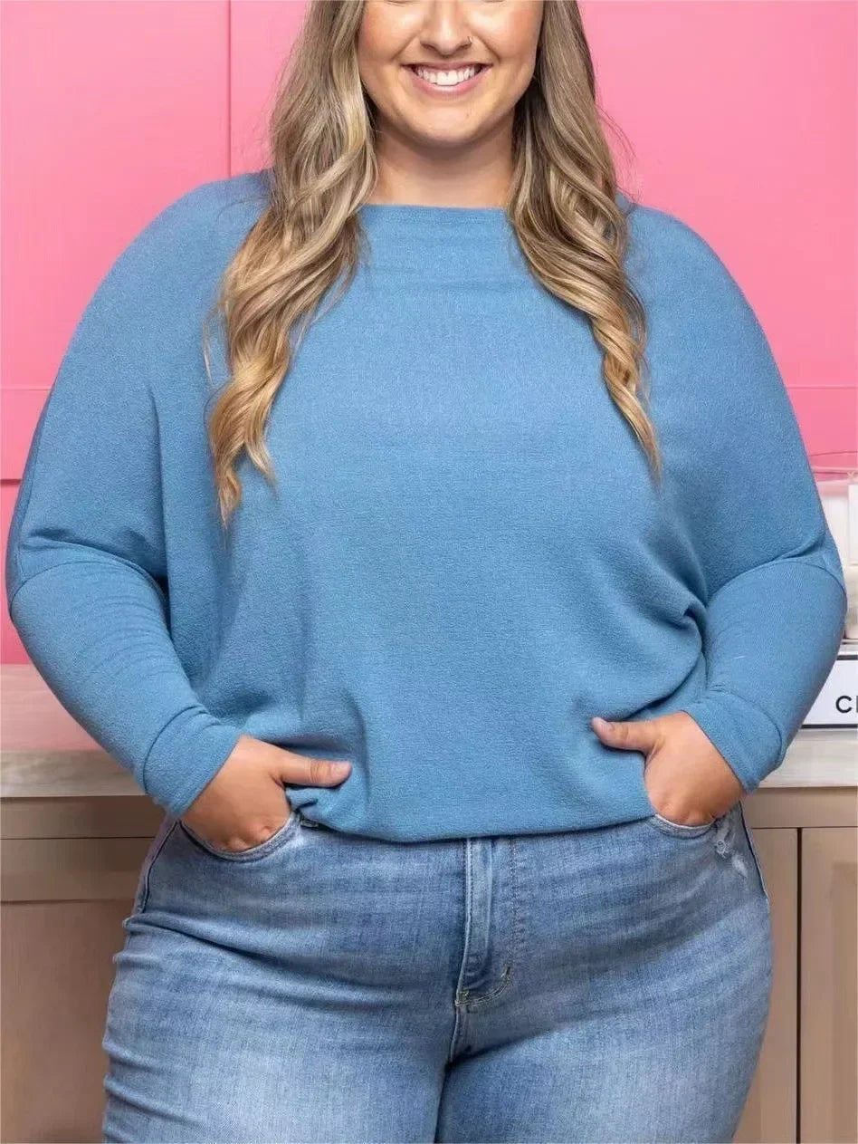 Dreamy Knit Boatneck Dolman Top Crew-Neck Batwing Sleeves T-Shirt High Elasticity Patchwork Long-Sleeved Casual Daily Wear Tops