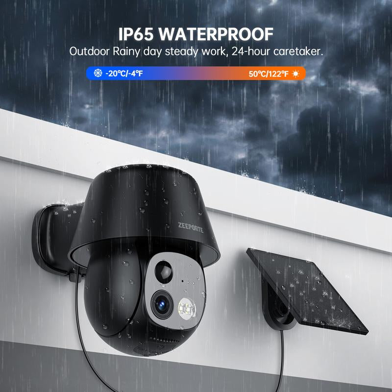 ZEEPORTE 2K WIFI Security Cameras Wireless Outdoor-360° PTZ Cameras for Home Security with Solar Panel/Battery Powered, Night Vision, Two-Way Audio, PIR Sensor