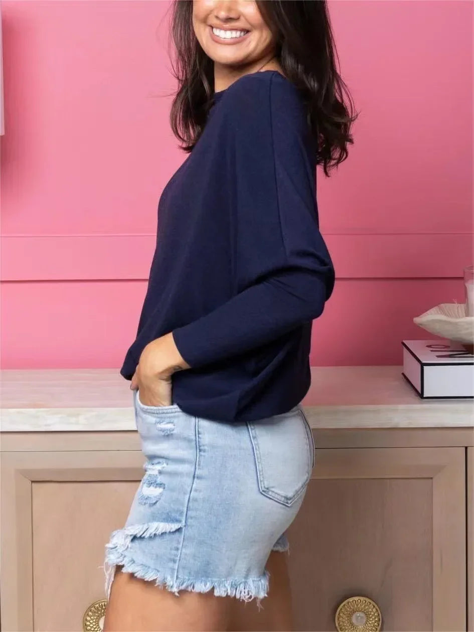 Dreamy Knit Boatneck Dolman Top Crew-Neck Batwing Sleeves T-Shirt High Elasticity Patchwork Long-Sleeved Casual Daily Wear Tops