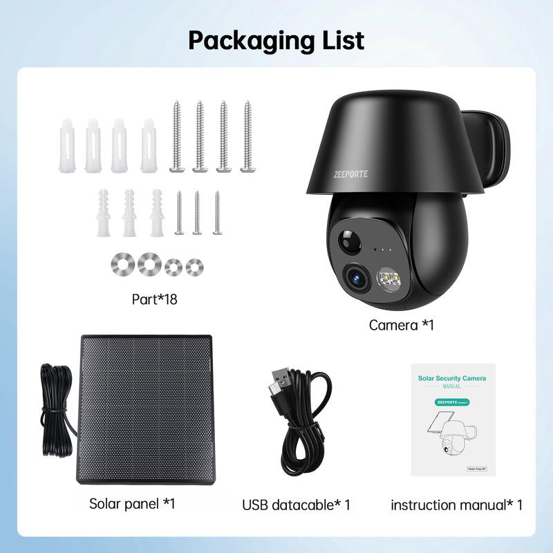 ZEEPORTE 2K WIFI Security Cameras Wireless Outdoor-360° PTZ Cameras for Home Security with Solar Panel/Battery Powered, Night Vision, Two-Way Audio, PIR Sensor