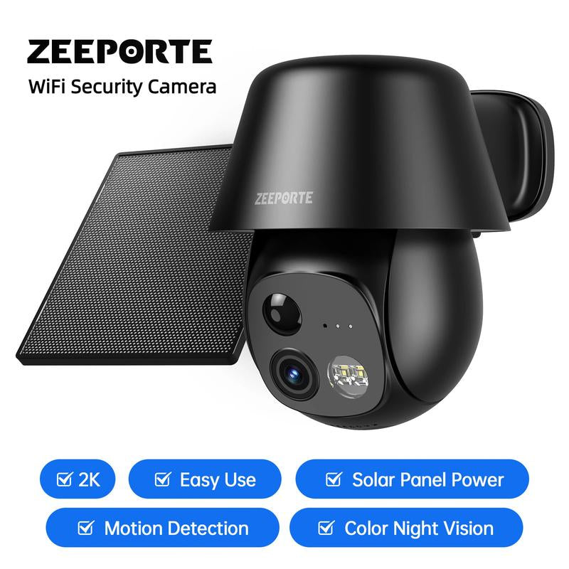 ZEEPORTE 2K WIFI Security Cameras Wireless Outdoor-360° PTZ Cameras for Home Security with Solar Panel/Battery Powered, Night Vision, Two-Way Audio, PIR Sensor