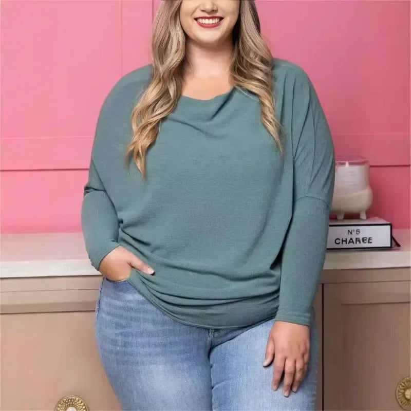 Dreamy Knit Boatneck Dolman Top Crew-Neck Batwing Sleeves T-Shirt High Elasticity Patchwork Long-Sleeved Casual Daily Wear Tops