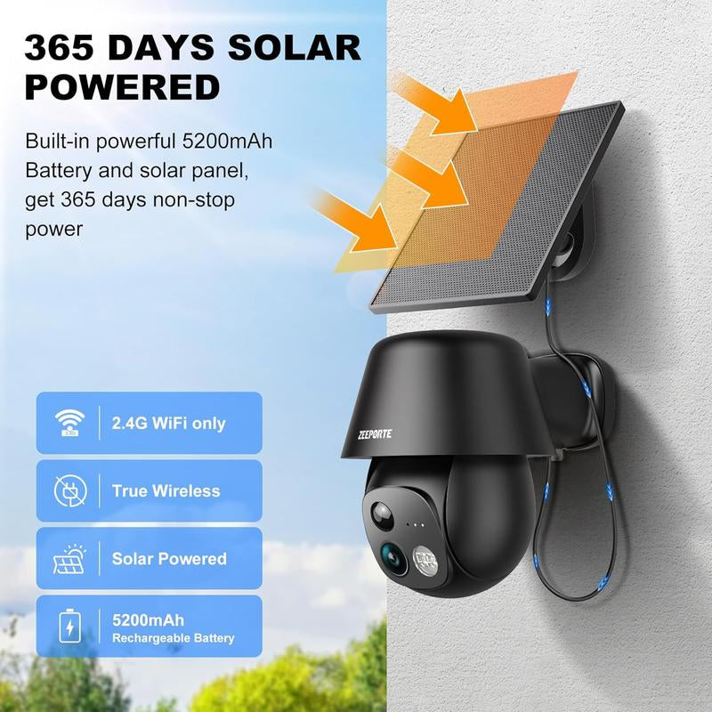 ZEEPORTE 2K WIFI Security Cameras Wireless Outdoor-360° PTZ Cameras for Home Security with Solar Panel/Battery Powered, Night Vision, Two-Way Audio, PIR Sensor
