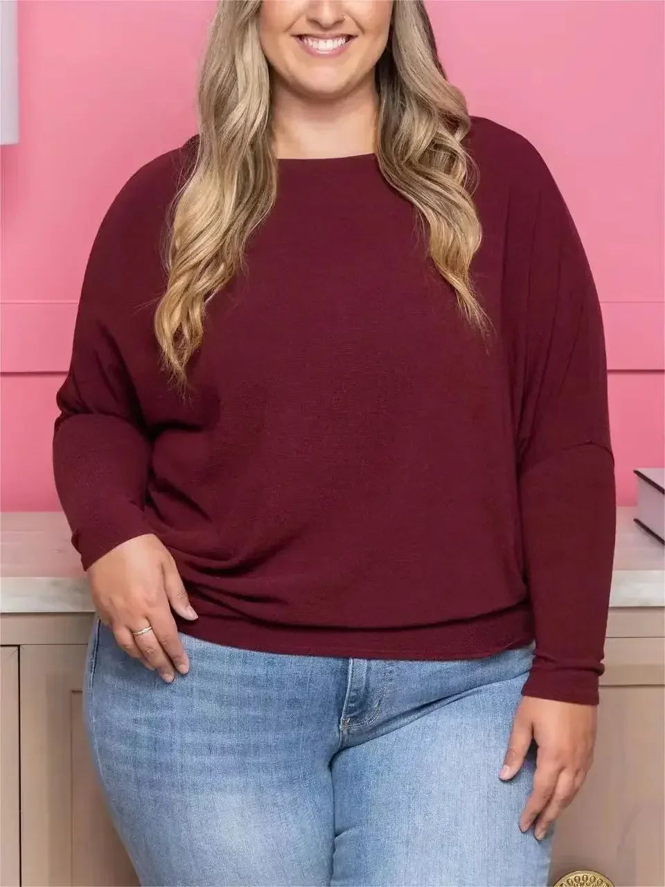 Dreamy Knit Boatneck Dolman Top Crew-Neck Batwing Sleeves T-Shirt High Elasticity Patchwork Long-Sleeved Casual Daily Wear Tops