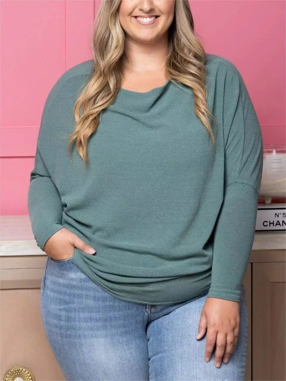 Dreamy Knit Boatneck Dolman Top Crew-Neck Batwing Sleeves T-Shirt High Elasticity Patchwork Long-Sleeved Casual Daily Wear Tops