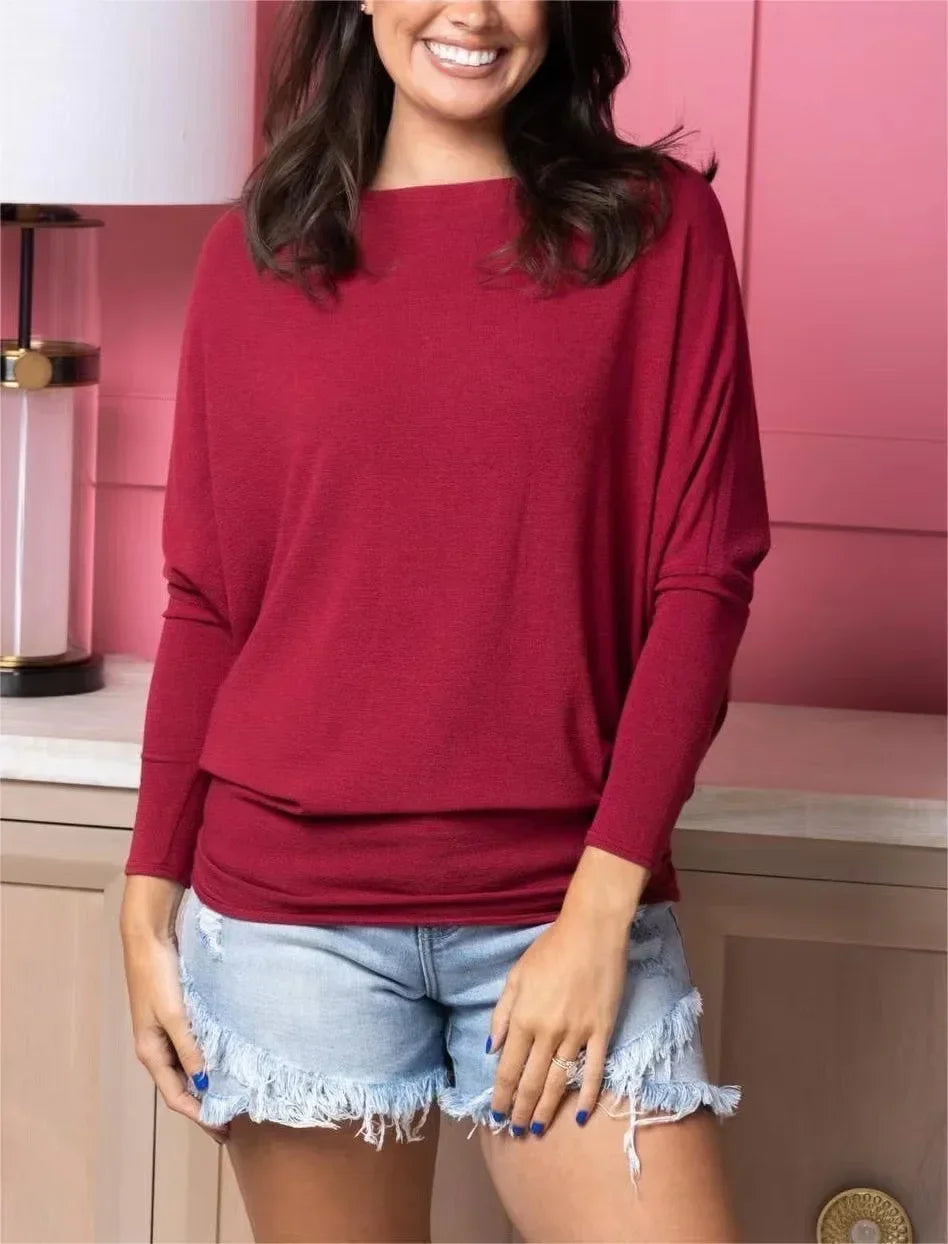 Dreamy Knit Boatneck Dolman Top Crew-Neck Batwing Sleeves T-Shirt High Elasticity Patchwork Long-Sleeved Casual Daily Wear Tops
