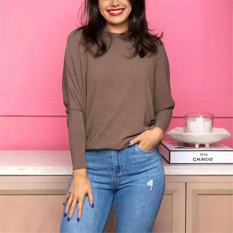 Dreamy Knit Boatneck Dolman Top Crew-Neck Batwing Sleeves T-Shirt High Elasticity Patchwork Long-Sleeved Casual Daily Wear Tops