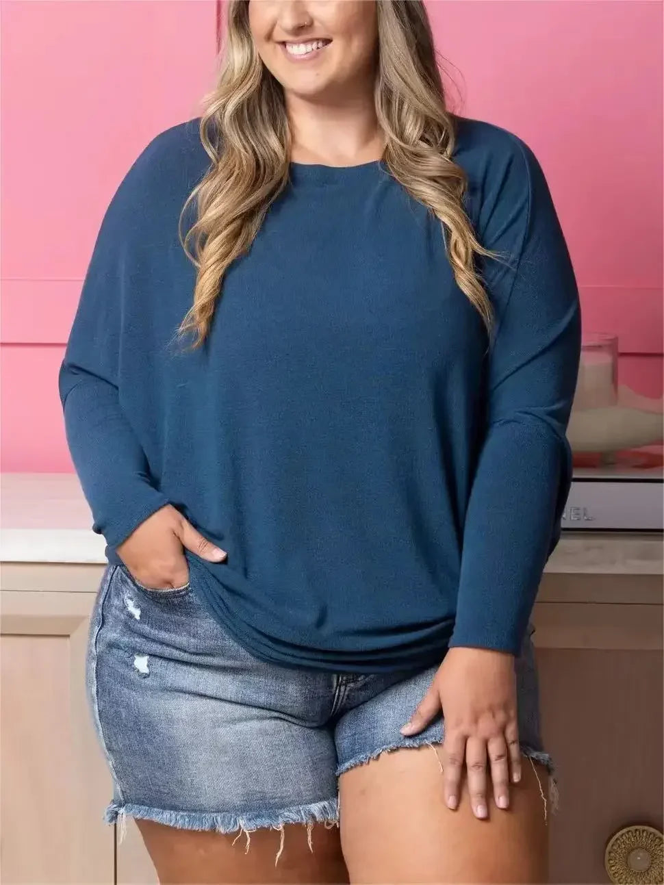 Dreamy Knit Boatneck Dolman Top Crew-Neck Batwing Sleeves T-Shirt High Elasticity Patchwork Long-Sleeved Casual Daily Wear Tops